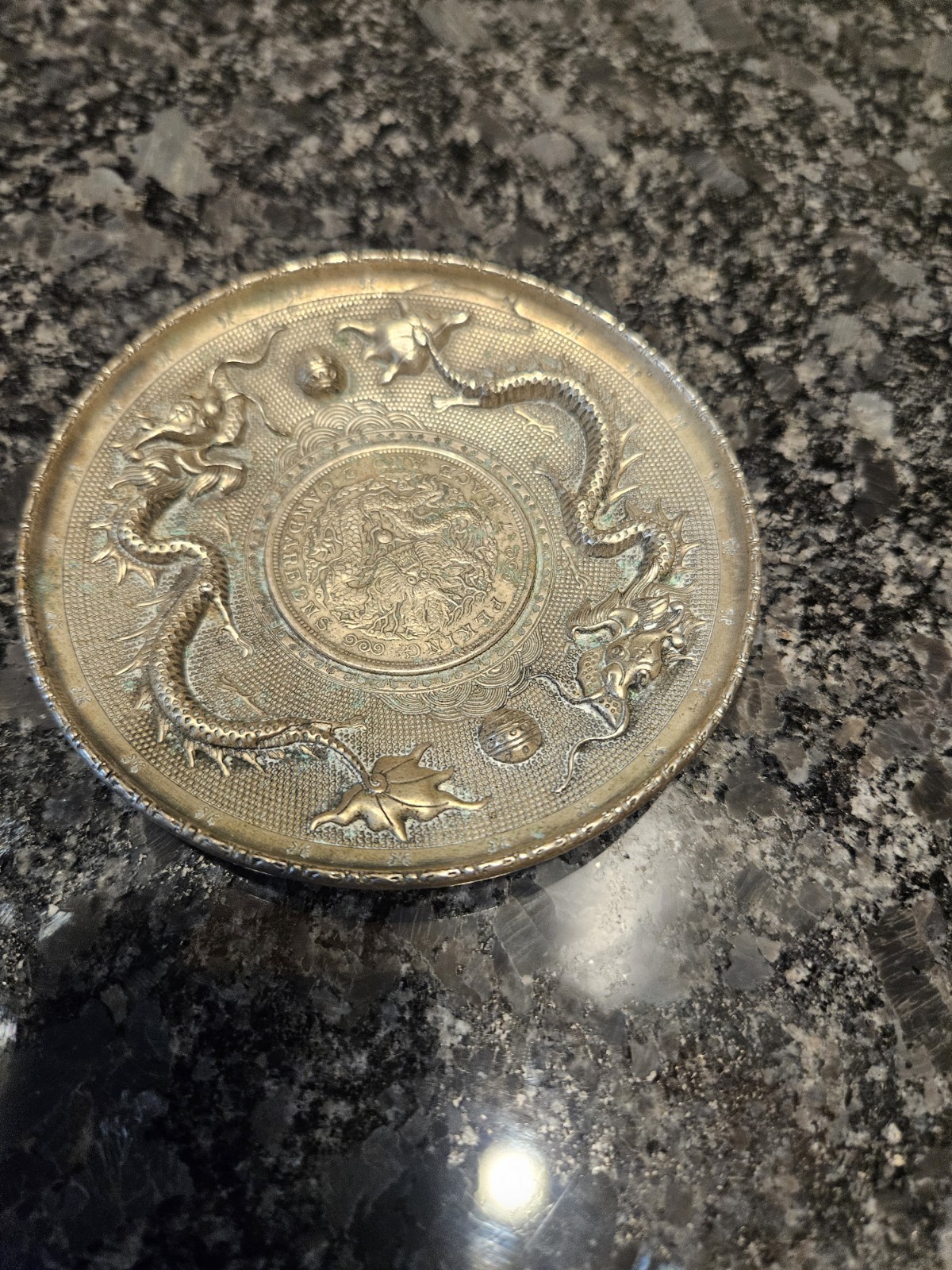 Vintage Chinese Trinket Dish Embossed Imperial Dragon Plate 4