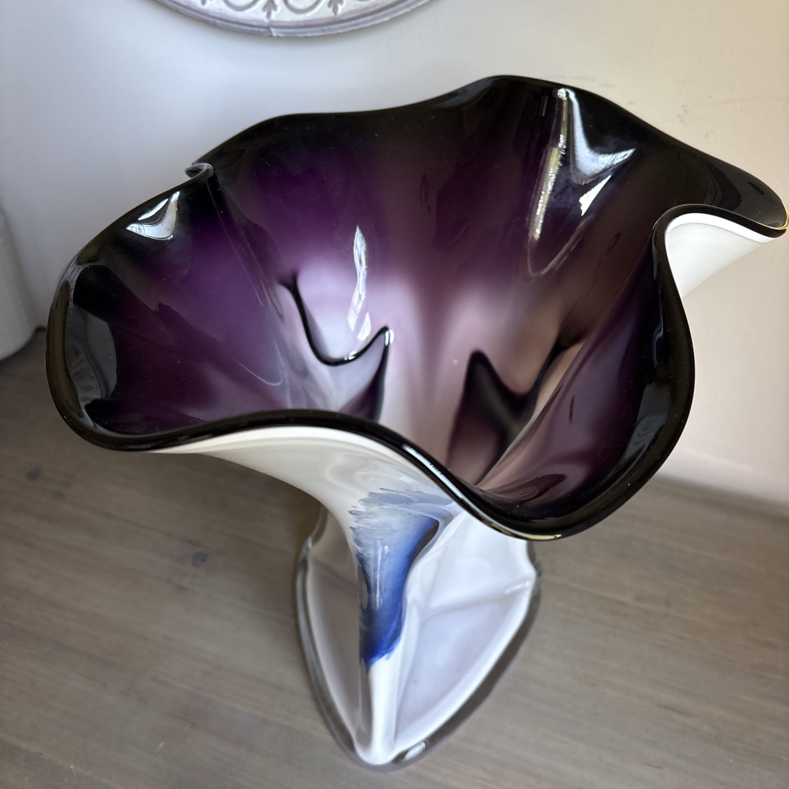 Vulcan Free Form Art Glass Vase 12” Tall Purple White Blue Wavy Swirl Poland Vulcan Free Form Art Glass Vase 12” Tall Purple White Blue Wavy Swirl Poland