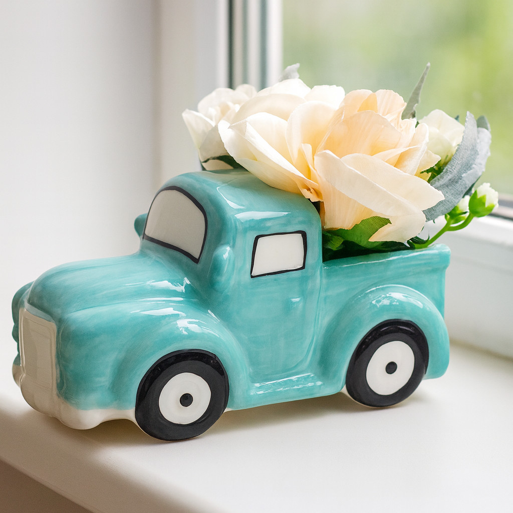 Vintage Ceramic Truck Planter With Flowers Handmade Portugal Flower Roses Pot Vintage Ceramic Truck Planter With Flowers Handmade Portugal Flower Roses Pot