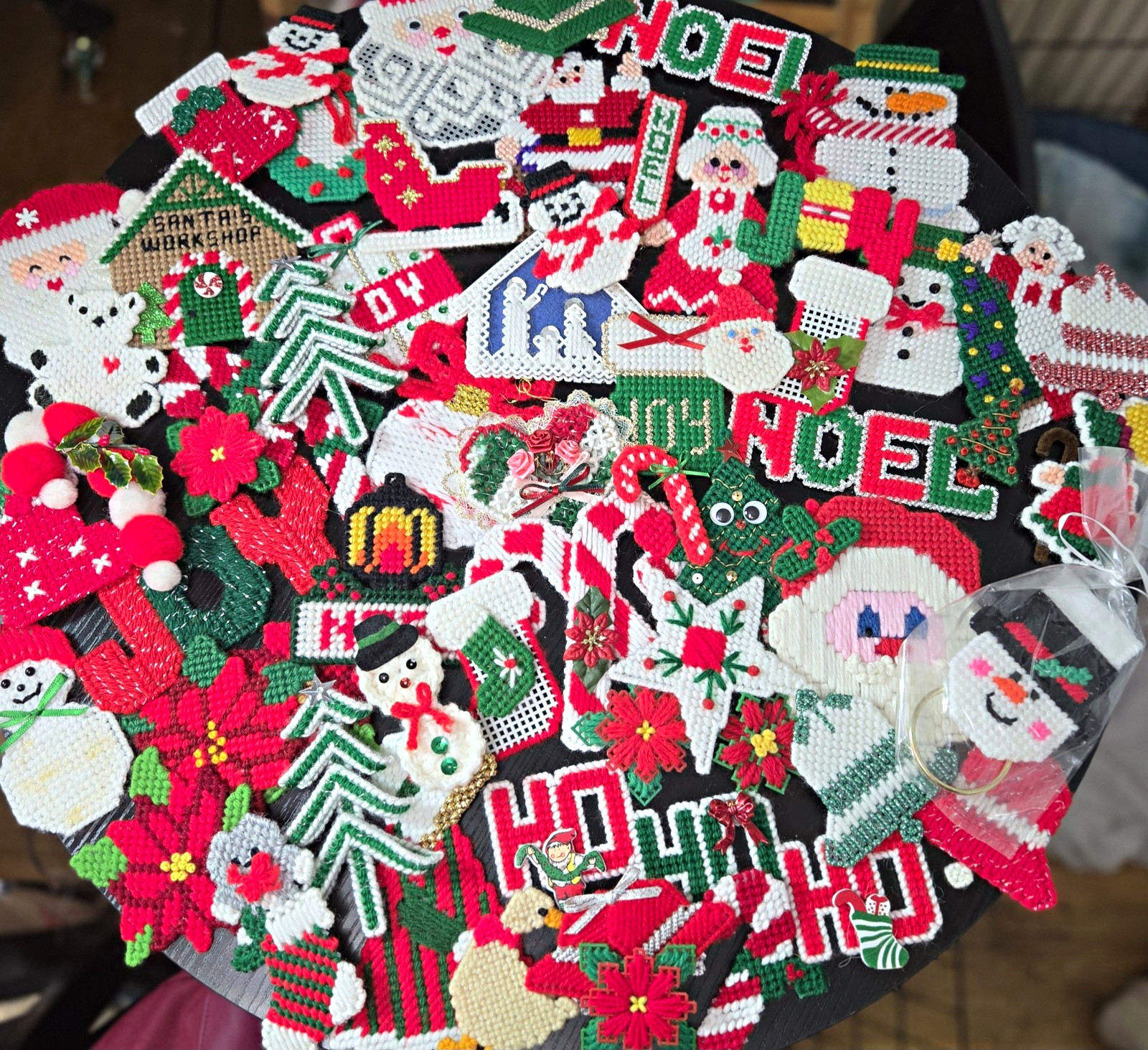 Lot Of 62 Handmade Vintage Christmas Needlepoint Plastic Fridge Magnets Ornament