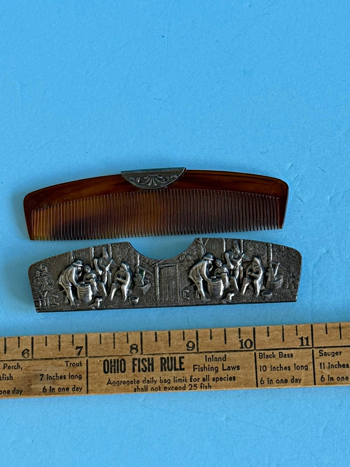 Vintage Faux Tortoise Shell Comb in Silver Plate Repousse Case Made in Denmark 