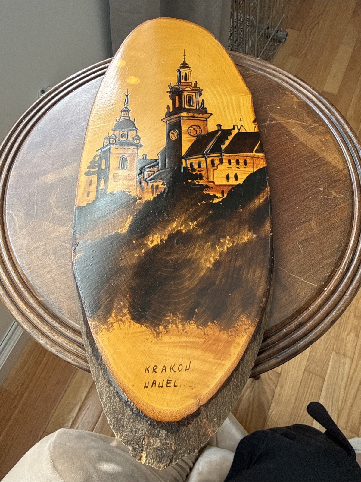 hand-painted wooden souvenir plaque featuring the Wawel Castle in Krakow, Poland