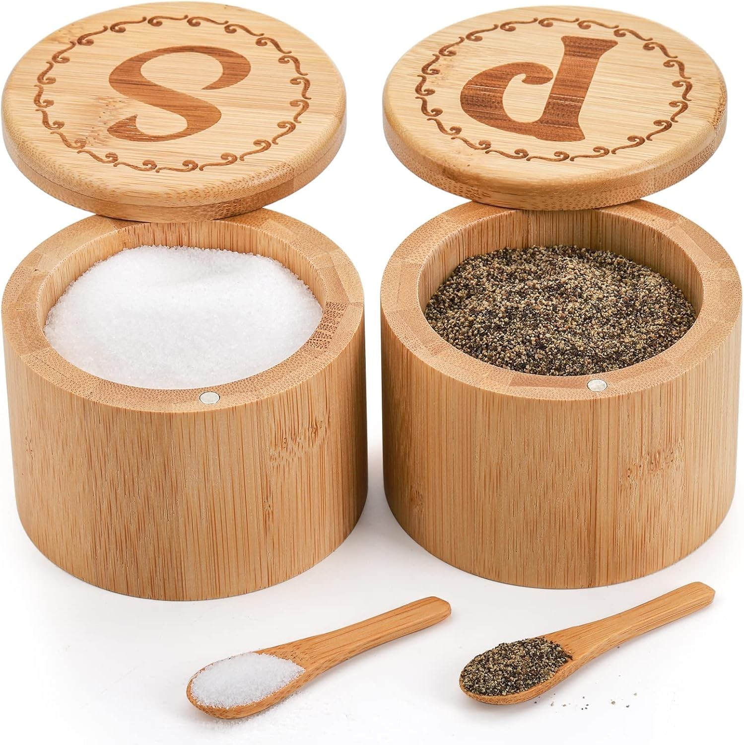 2 Pack Bamboo Salt and Pepper Holder Box with Spoons - 6 Oz Capacity 2 Pack Bamboo Salt and Pepper Holder Box with Spoons - 6 Oz Capacity