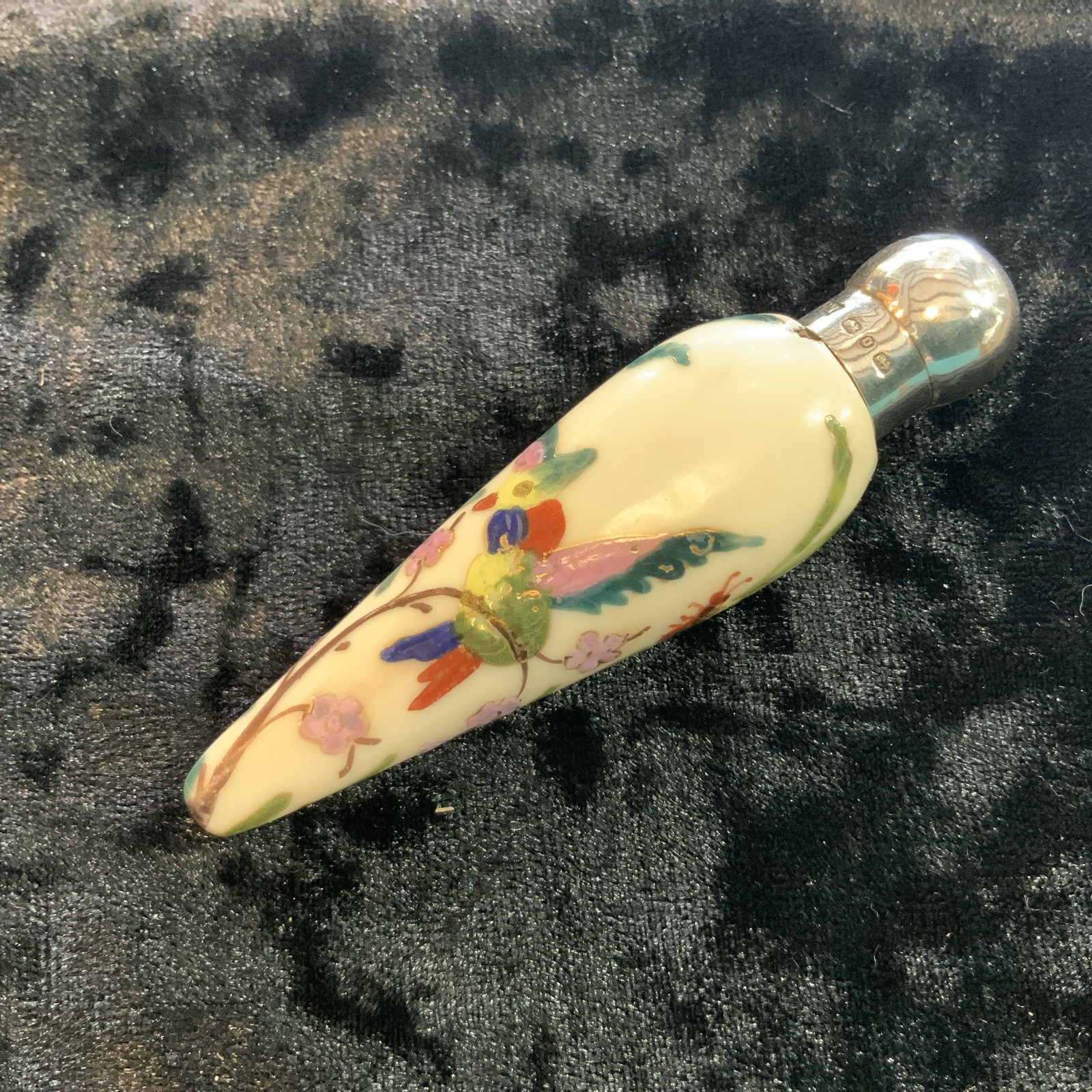 VINTAGE SILVER TOPPED FLORAL 18TH CENTURY SCENE CERAMIC PERFUME BOTTLE VINTAGE SILVER TOPPED FLORAL 18TH CENTURY SCENE CERAMIC PERFUME BOTTLE