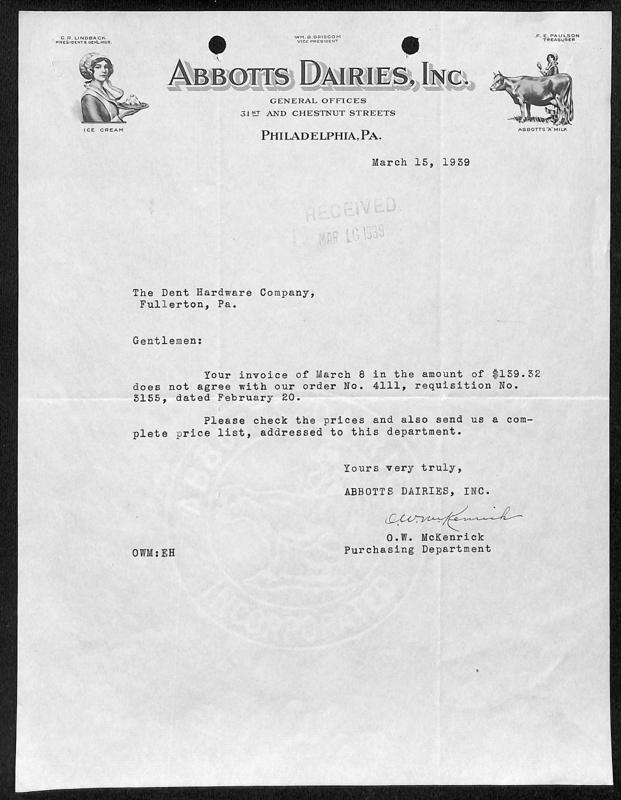 1939 Abbotts Dairies Philadelphia Letterhead to Dent Hardware Fullerton, PA
