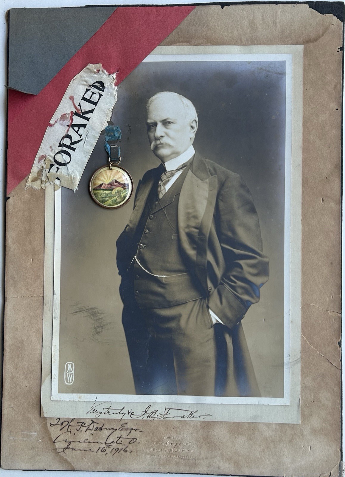 Joseph B Foraker OH Governor Signed Photo w Ribbon & Cello Charm 1916 Joseph B Foraker OH Governor Signed Photo w Ribbon & Cello Charm 1916