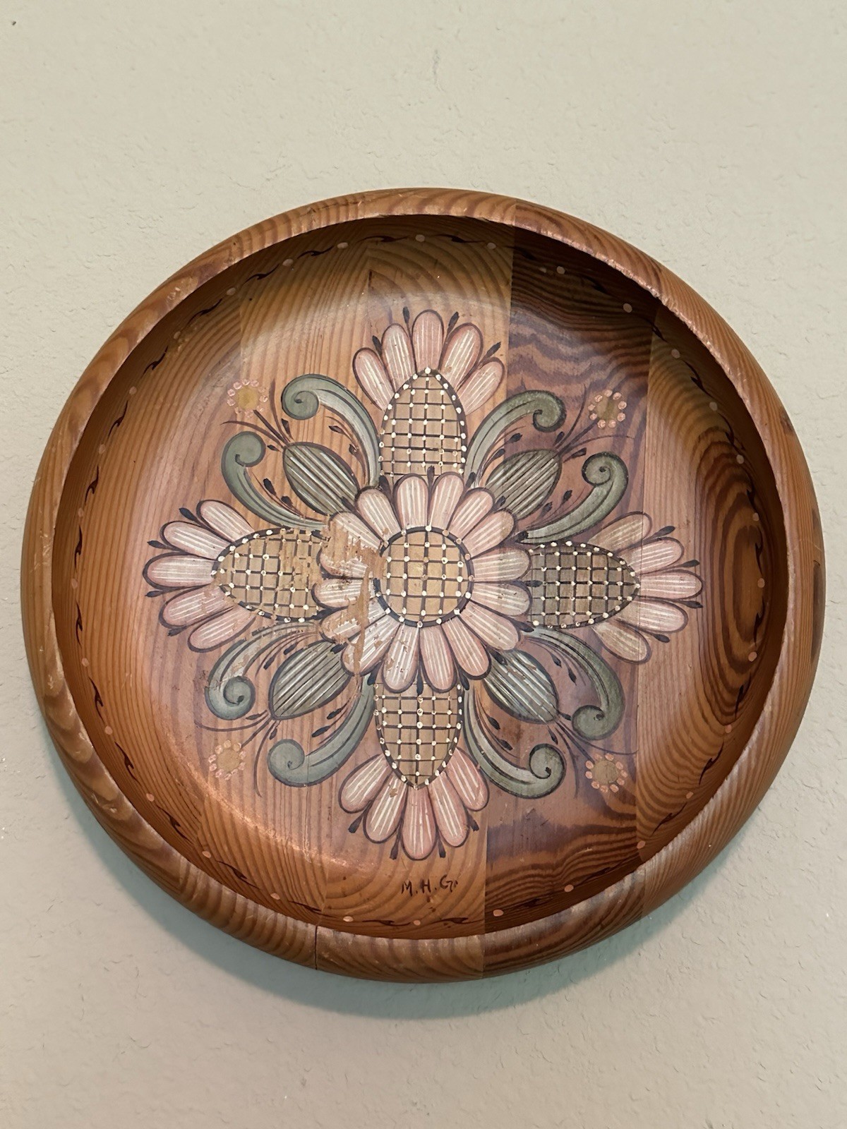 Vintage 10” Hand Painted Norwegian Rosemaling Wooden Bowl-Folk Art Signed M.H.G.