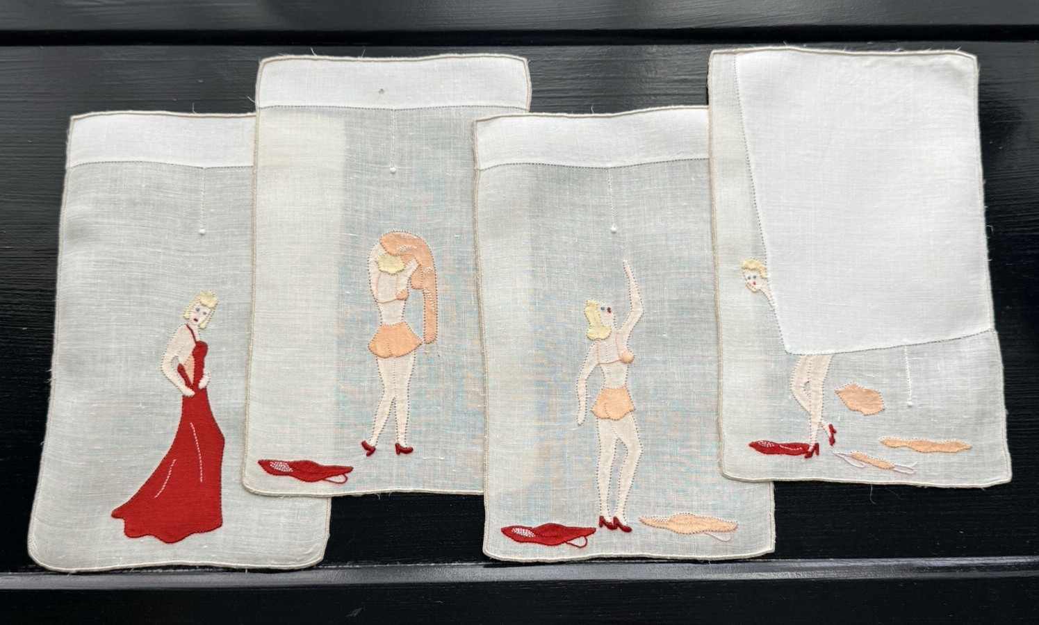 Vintage Cocktail Napkins 1950s Risque Pin Up Girls Madeira Embroidered Linen 4