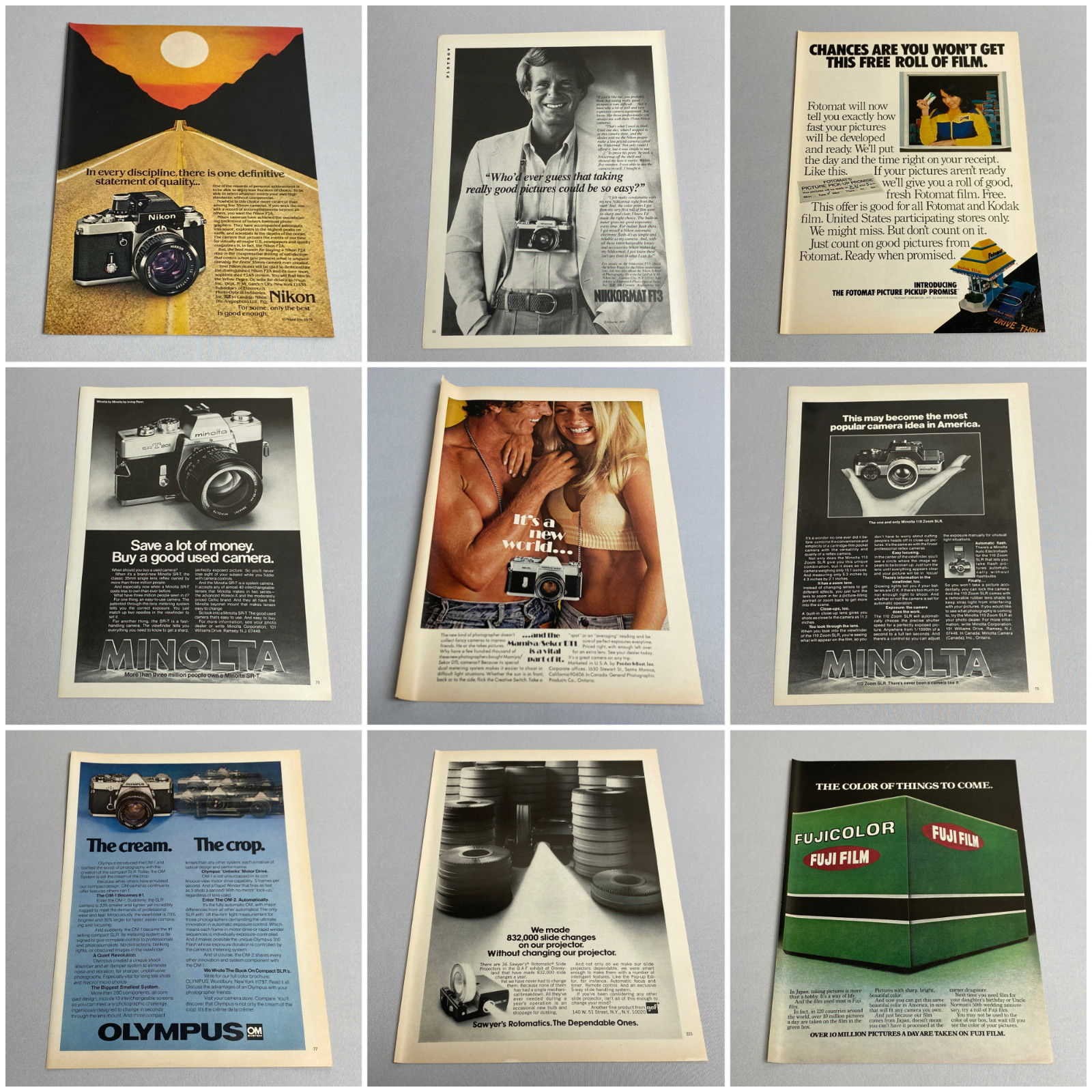 \'70s 35mm Cameras, Film, Slides - Vintage Magazine Print Ads - Lot of 9