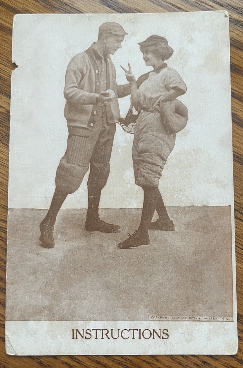 Antique 1910-12 Baseball Catcher Sports Romance Love Postcard Instructions Woman