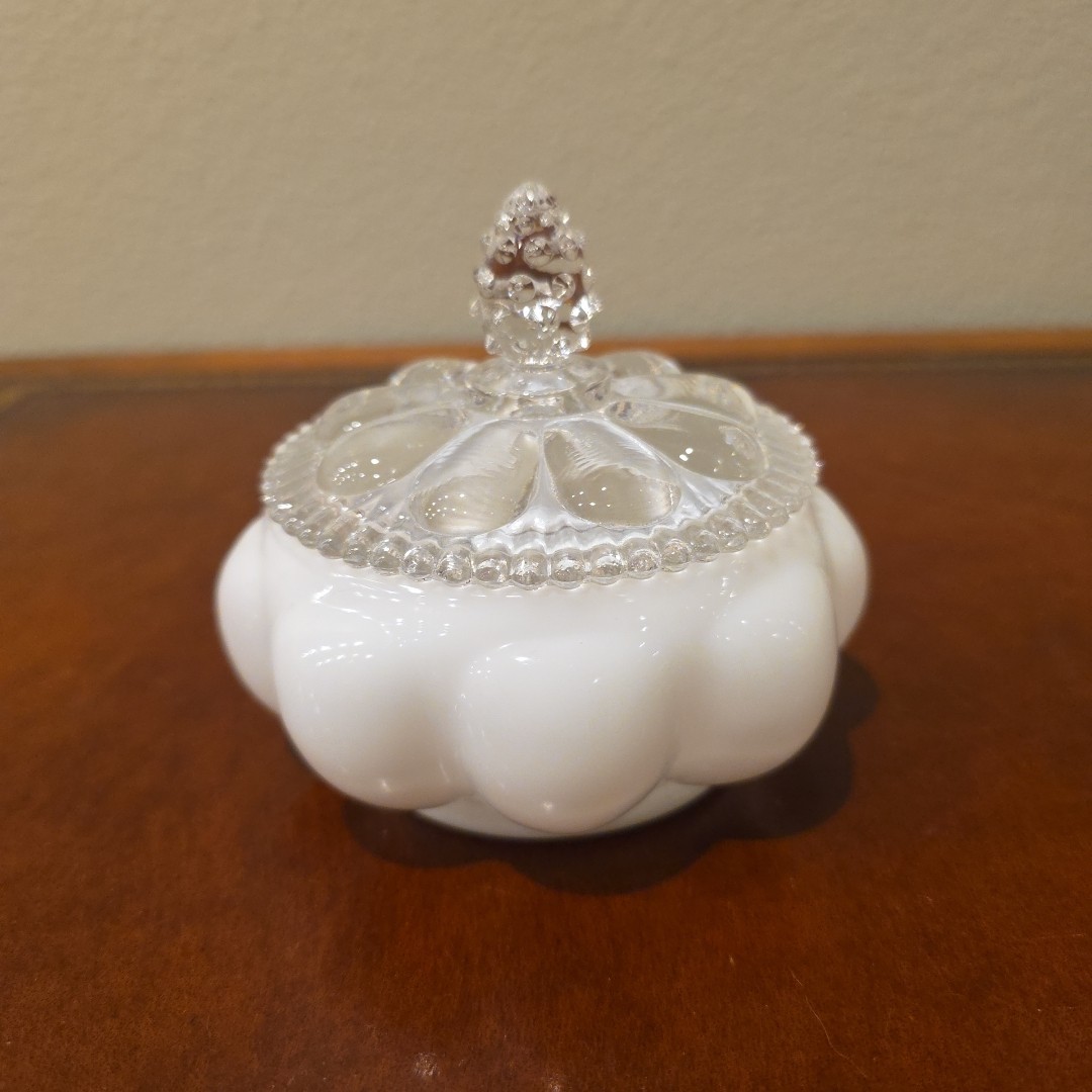 White Milk glass jar with clear hobnail Lid and finial, Fenton? 4\