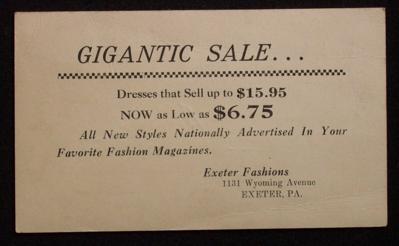 1940s? Gigantic Sale Fashions Exeter PA Luzerne Co Postal Card Pennsylvania