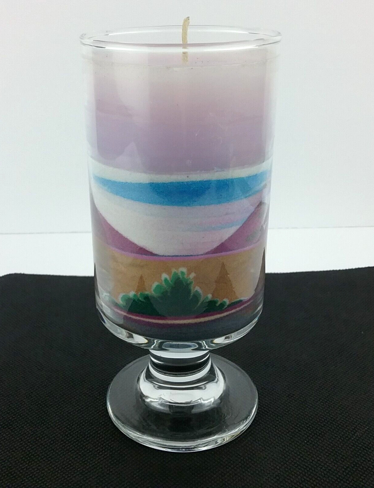 Glass Pedestal Stand Sand Art Purple Candle Southwest Desert Sky Mountain Scene