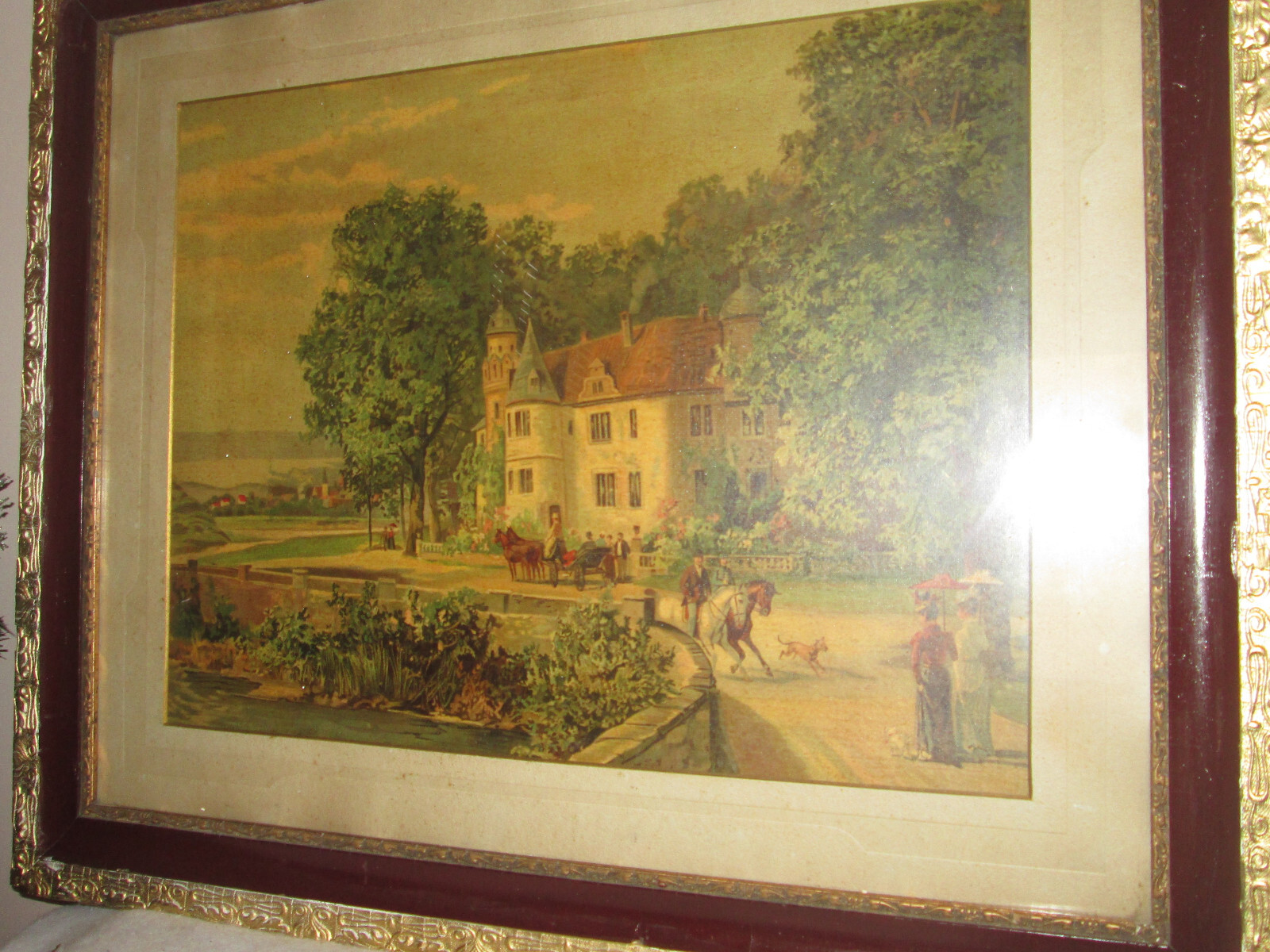 Castle garden painting lithography Red Roof house Castle garden painting lithography Red Roof house
