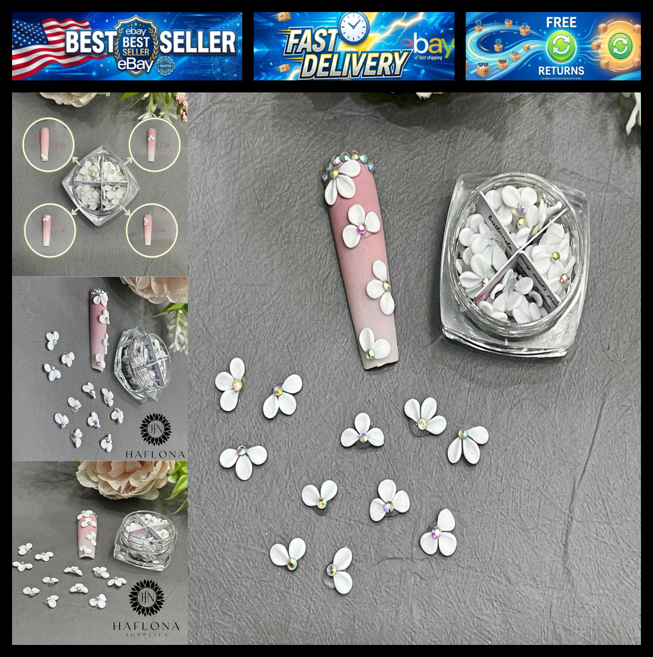 Set 50Pcs White 3D Flowers for Nails, Handmade 3D Acrylic Flowers for Nails, Flo