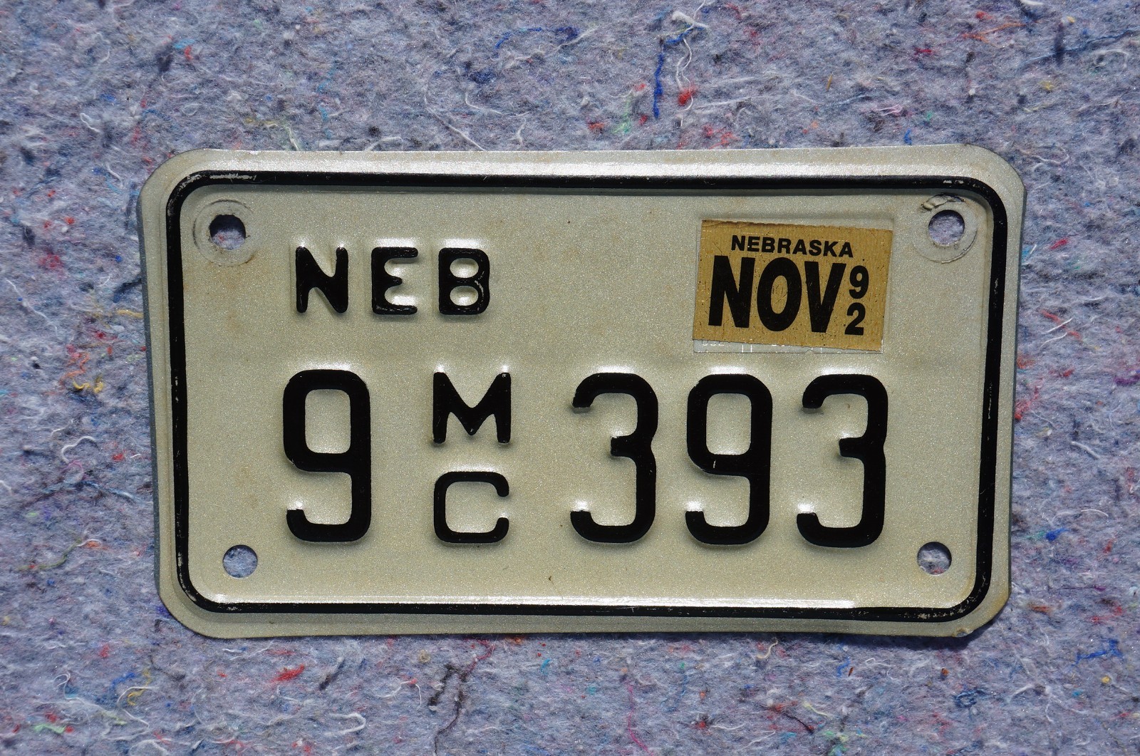 1992 Nebraska MOTORCYCLE License Plate # 9-393