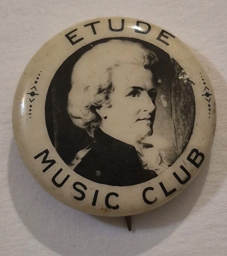 c1910s ETUDE Music Club Mozart Celluloid Pinback Torsch & Franz Baltimore NICE