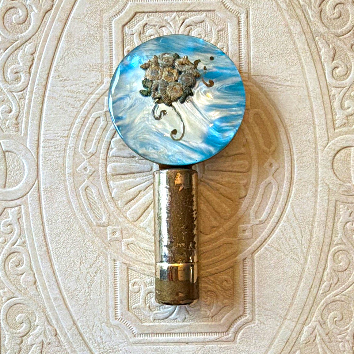 Vintage Blue Mother-Of-Pearl Floral Embroidery Compact w/ Lipstick Tube