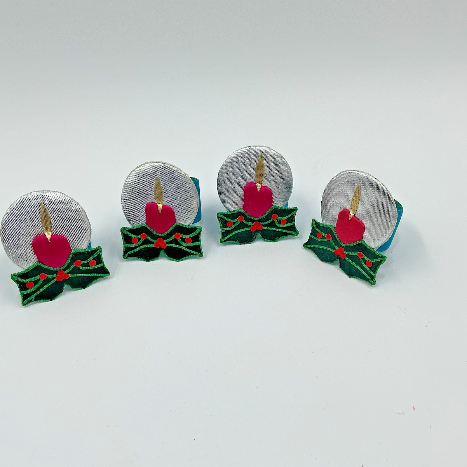 VTG Christmas Candle Napkin Rings Set of 4 Silver Pink Holly Retro Holiday Table
