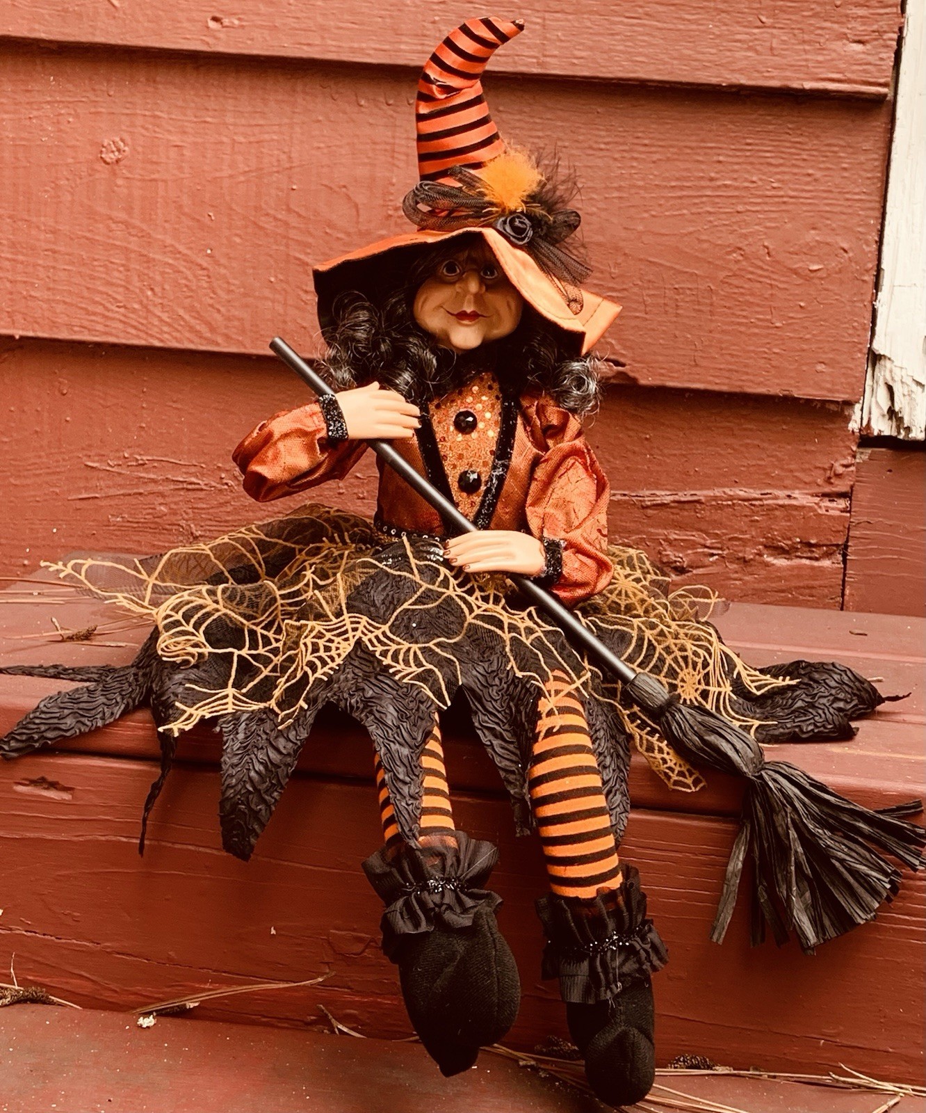 Halloween Witch Doll Shelf Sitter 21” Black Orange Spider Web Raffia Broom Decor