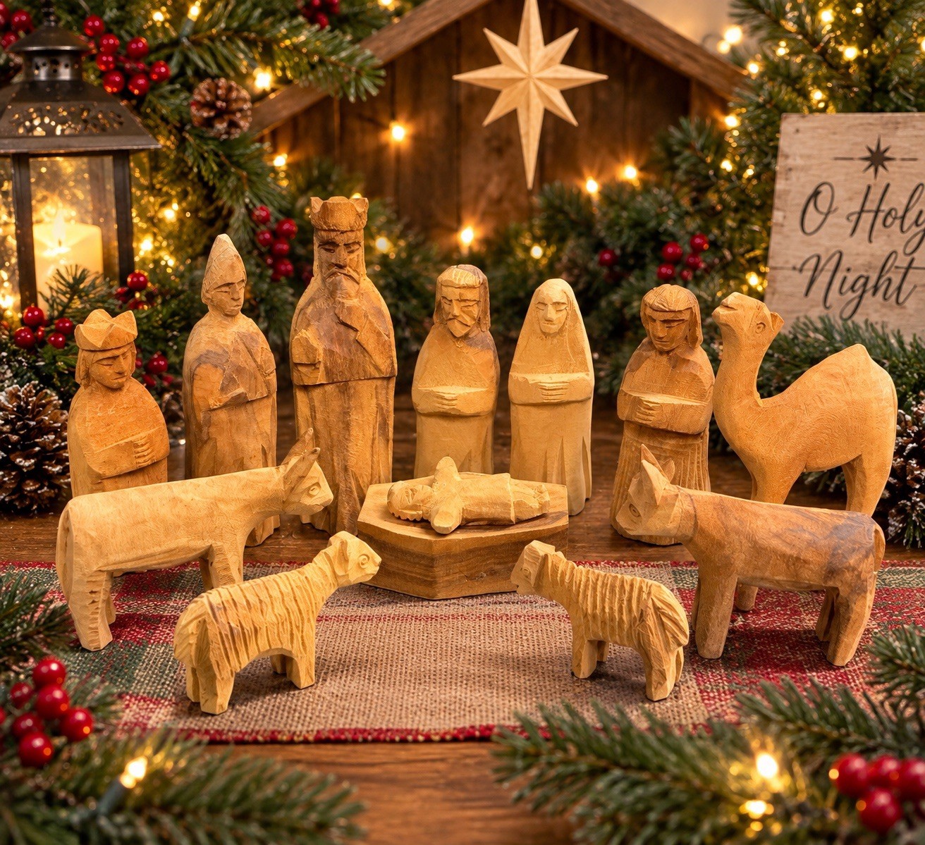 Vintage Hand Carved Wood Nativity Set 13 Pc Folk Art Christmas Manger Figures
