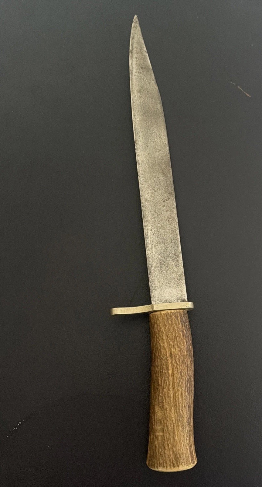 Vtg Bowie Hunting Knife Brass Large Unbranded Antler
