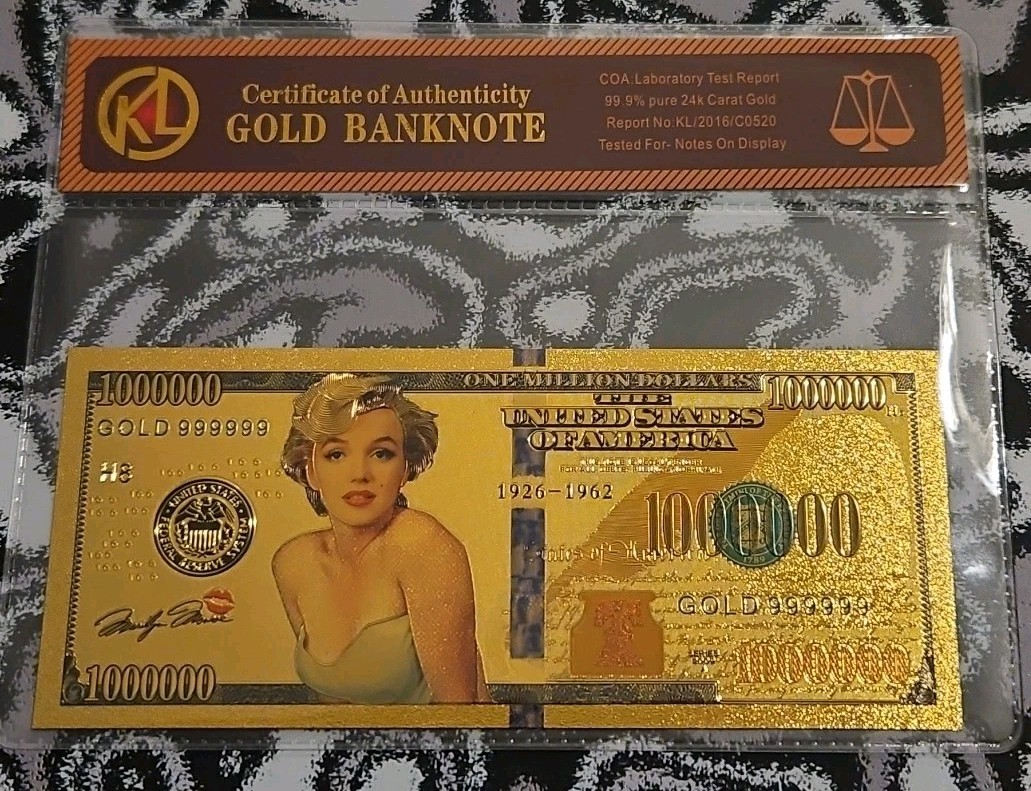 24k Gold Foil Plated Marilyn Monroe Collectible Banknote 1,000000 RARE COA 24k Gold Foil Plated Marilyn Monroe Collectible Banknote 1,000000 RARE COA