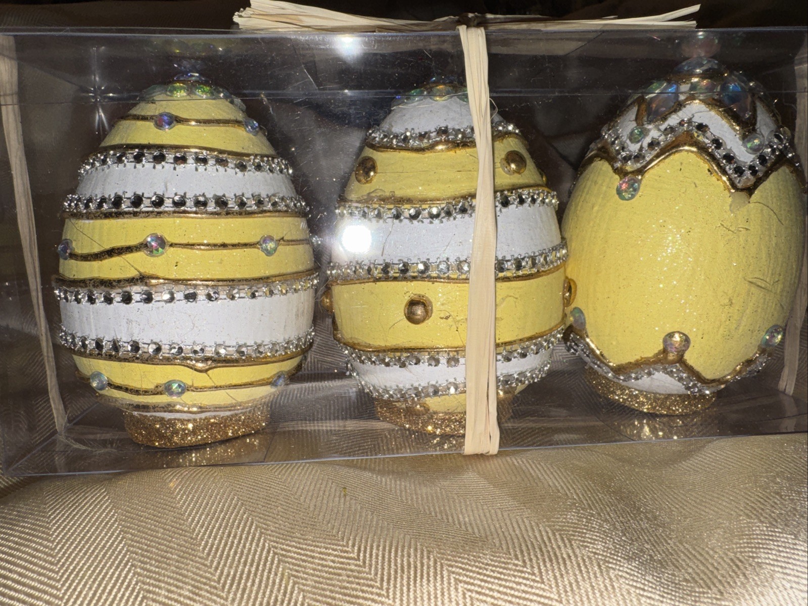 Easter Eggs Sparkling White/ Yellow/Gold Bedazzled Jeweled Decor Set of 3, New