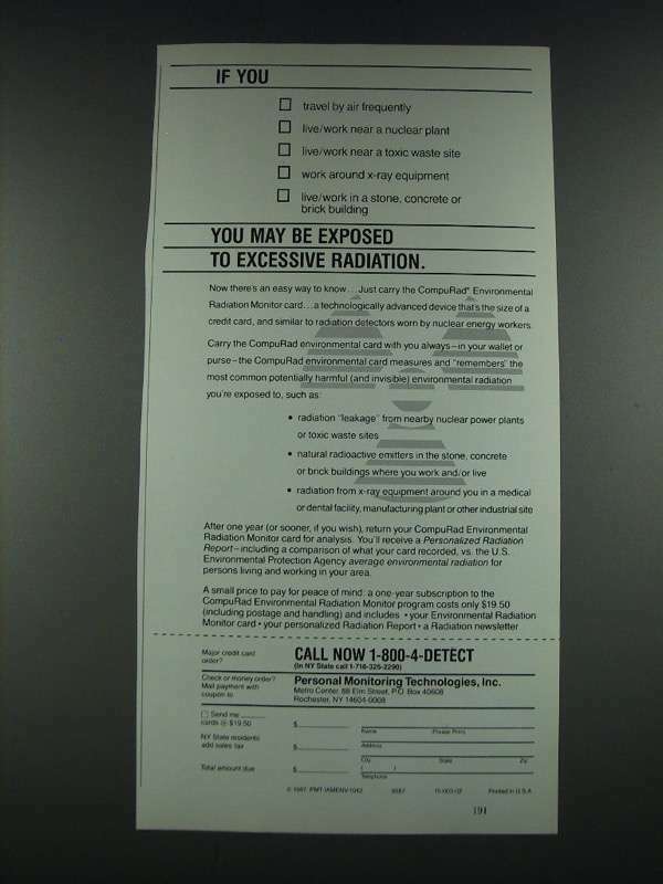 1987 Personal Monitoring Technologies Ad - CompuRad Radiation Monitor Card