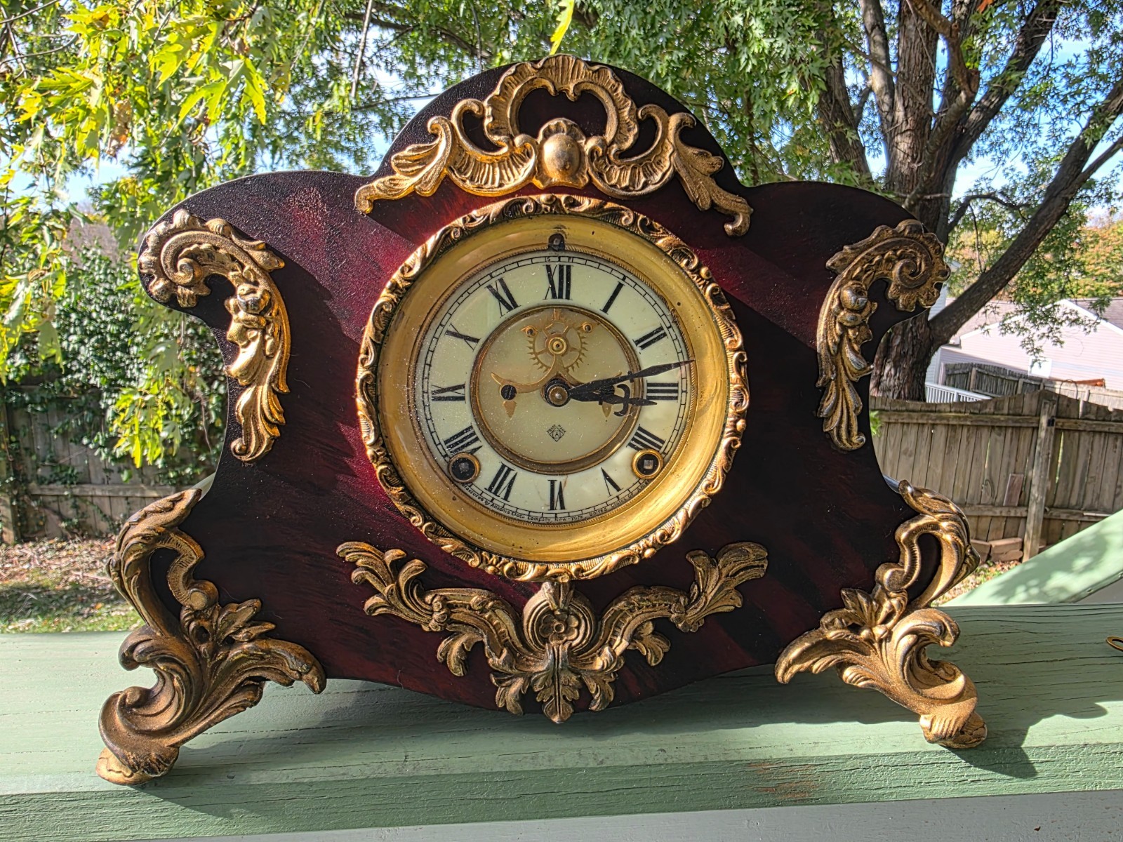 Antique Ansonia Iron Case Mantel Clock Mahogany Finish Open Escapement Serviced