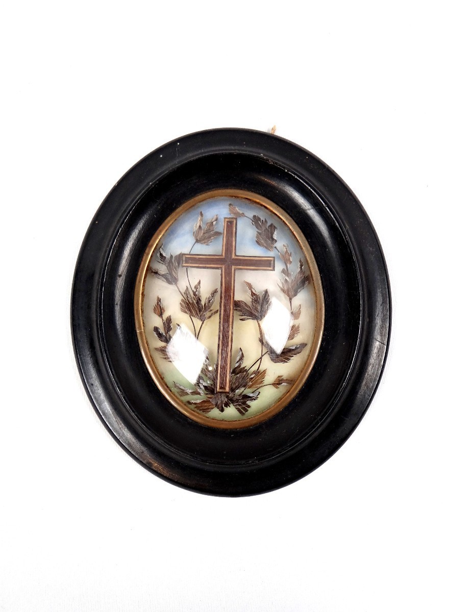 Antique French Reliquary Frame Hairwork Cross Black Wood Convex Glass 19th C