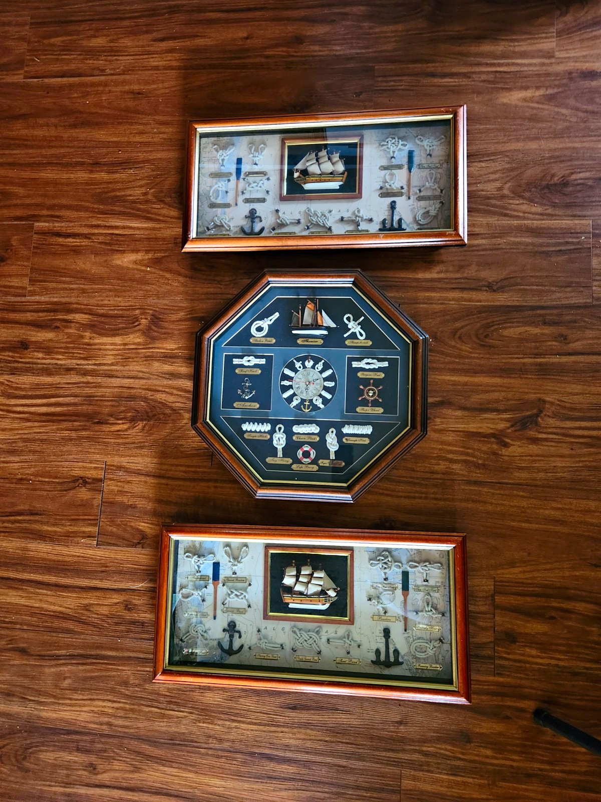 Vintage 3 Pc Nautical Shadow Box Wall Decor Working Clock Matching Ship Display