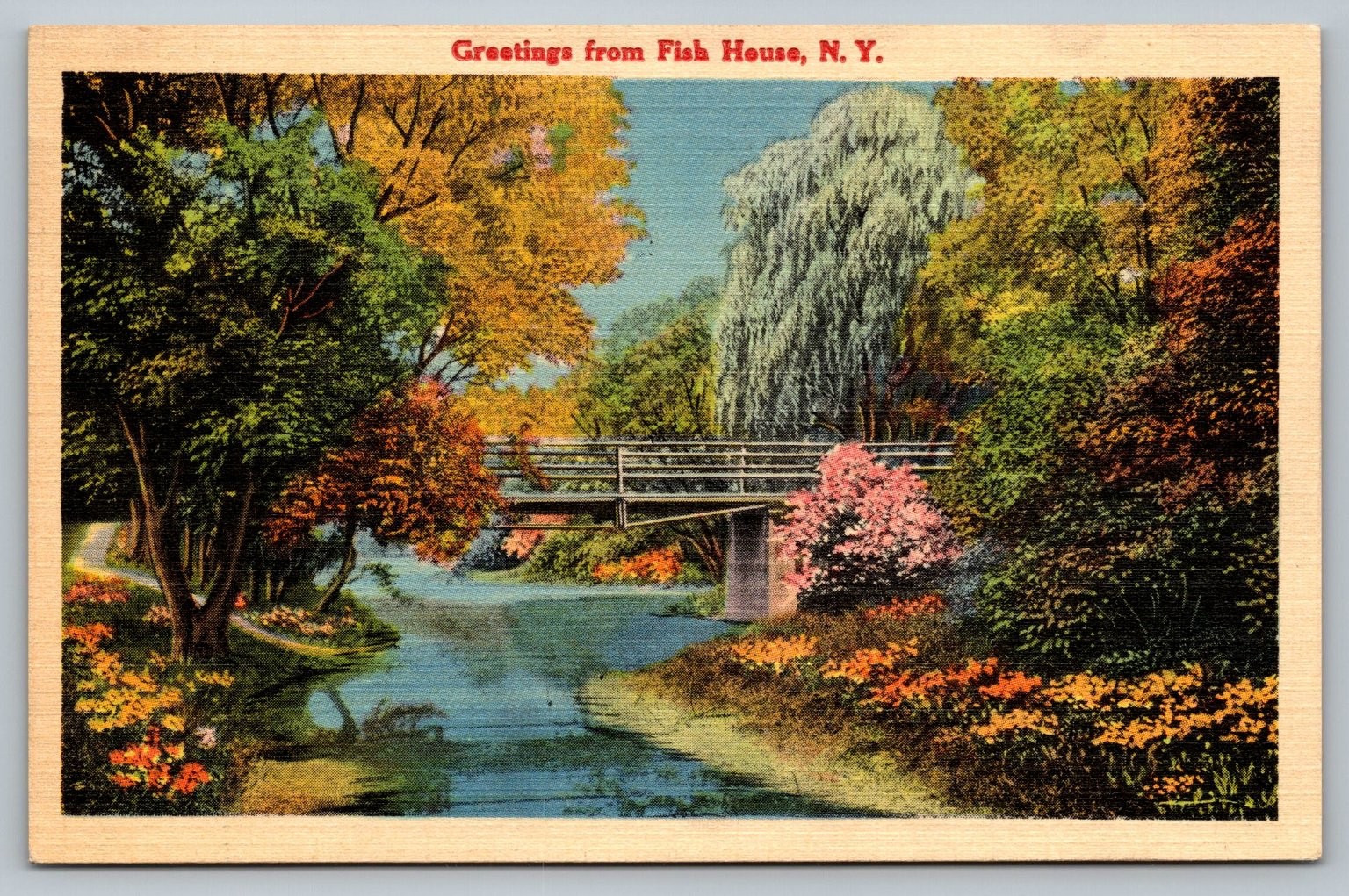 Greetings from Fish House, NY Scenic Bridge Autumn 1940 Linen Postcard