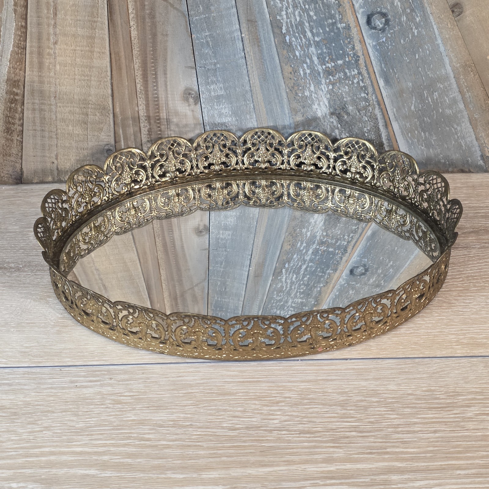 Vintage Gold Tone Filigree Mirrored Vanity Perfume Tray Oval Hollywood Regency