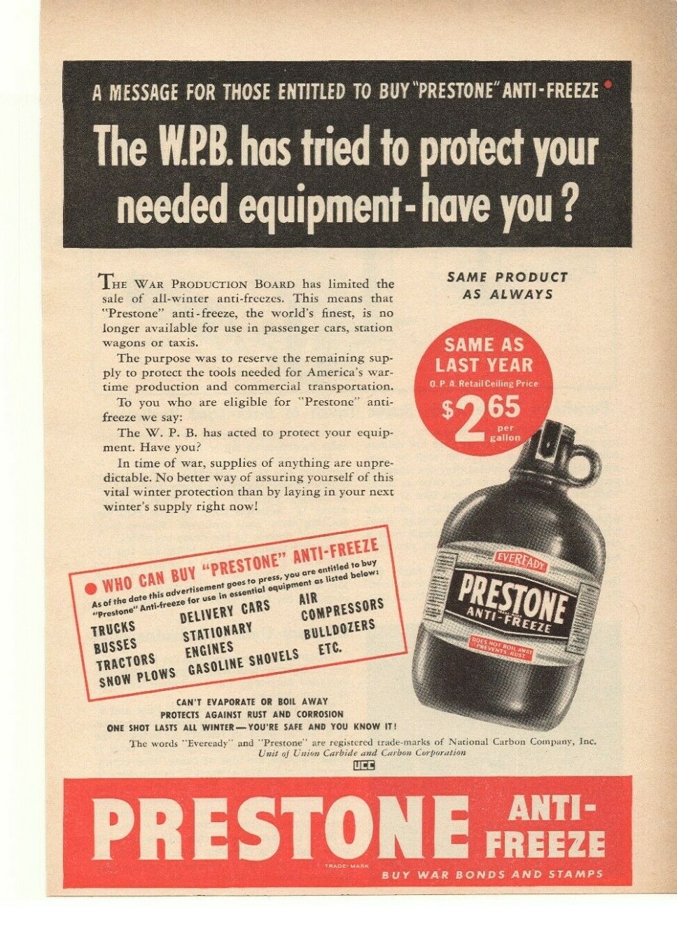 1943 Prestone Anti-Freeze Advertisement 1943 Prestone Anti-Freeze Advertisement