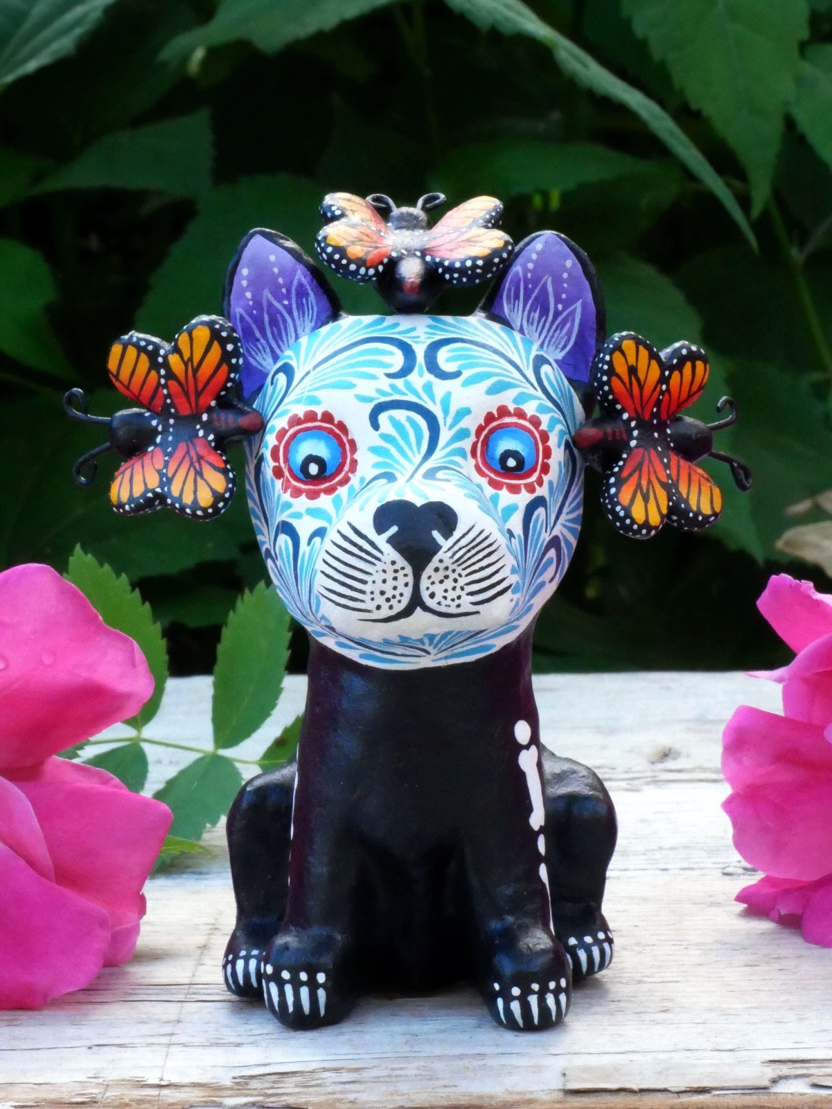 Day of the Dead Dog with Monarch Butterfiles Handmade Mexican Folk Art Small Sz