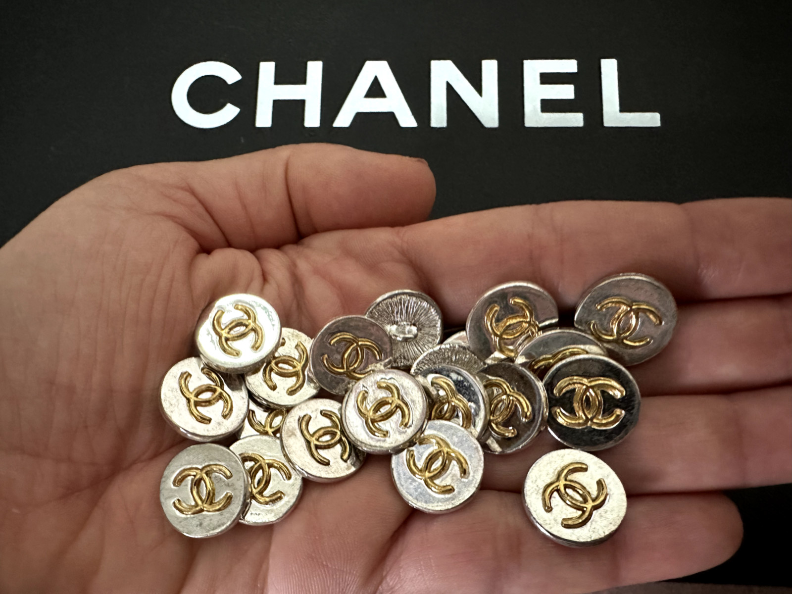 Vintage CHANEL Silver color Metal Button CC Logo in gold High Relief LOT OF 12 Vintage CHANEL Silver color Metal Button CC Logo in gold High Relief LOT OF 12