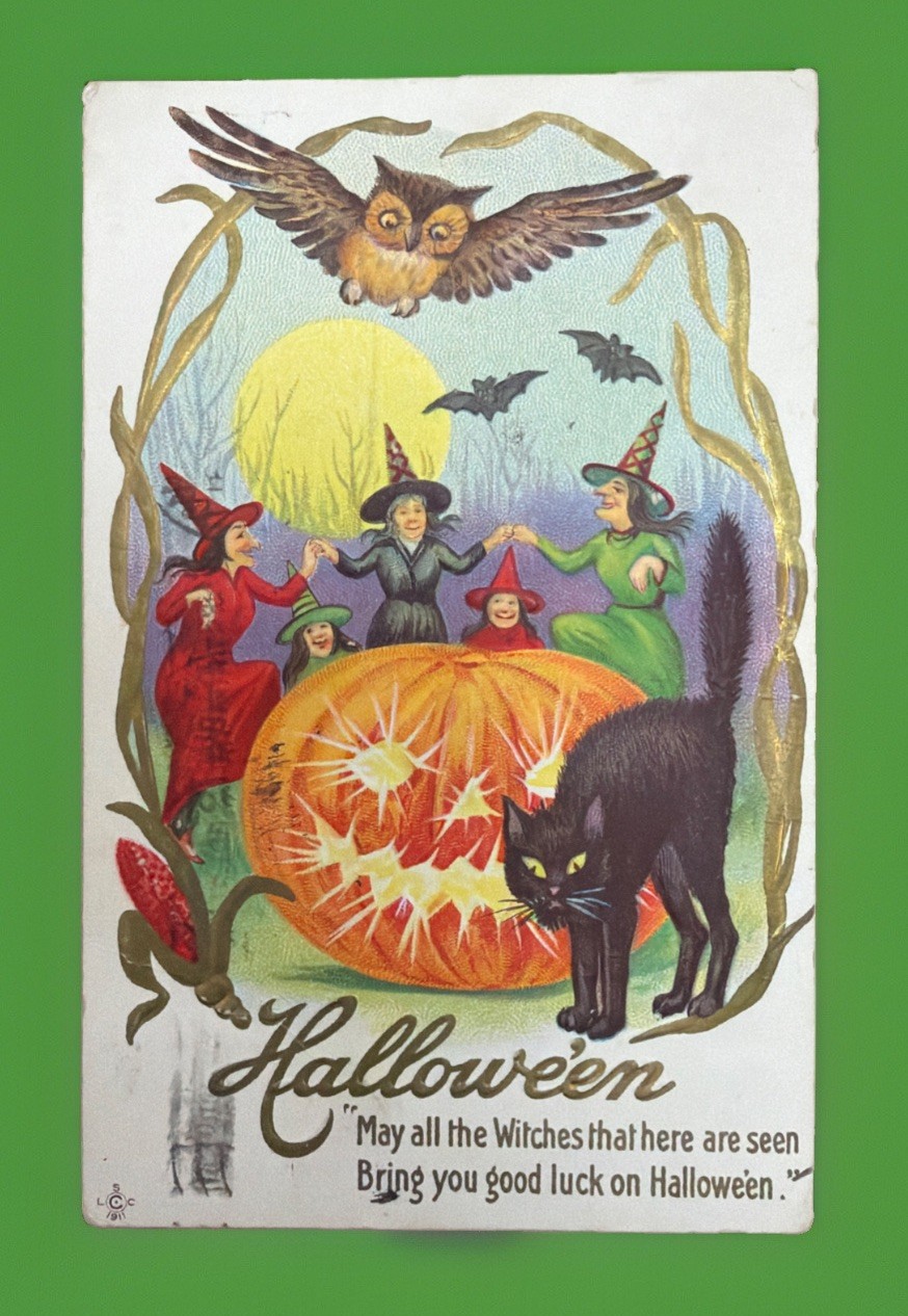 Vintage Stecher Halloween Postcard Witches JOL Black Cat Owl Bats 216 D Embossed