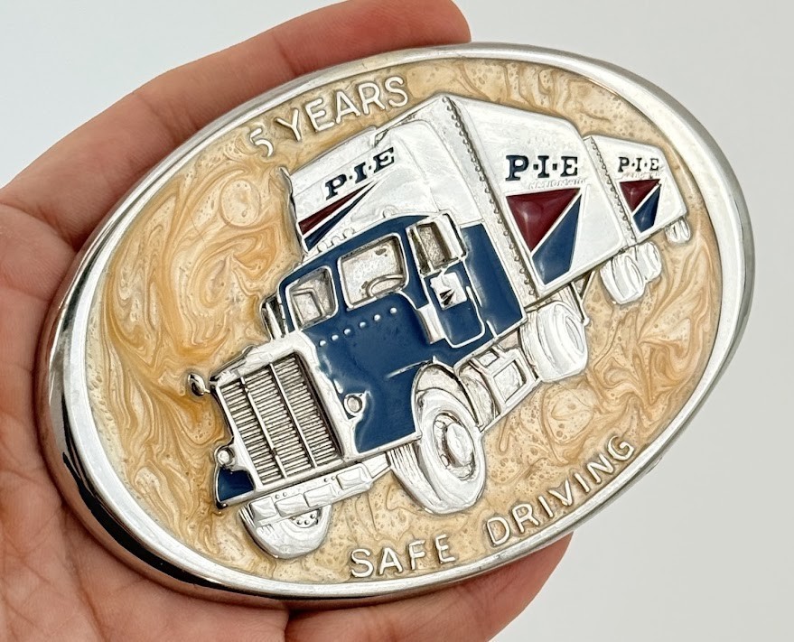 Vtg Pacific Intermountain Express PIE Trucking Company Belt Buckle Advertising