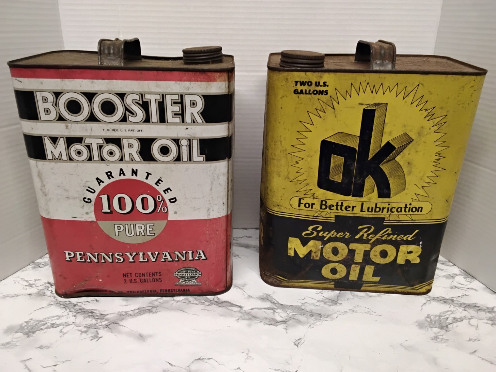 RARE Philadelphia Antique 1930s-1940s Motor Oil Cans Lot - OK & Booster 2 Gallon RARE Philadelphia Antique 1930s-1940s Motor Oil Cans Lot - OK & Booster 2 Gallon