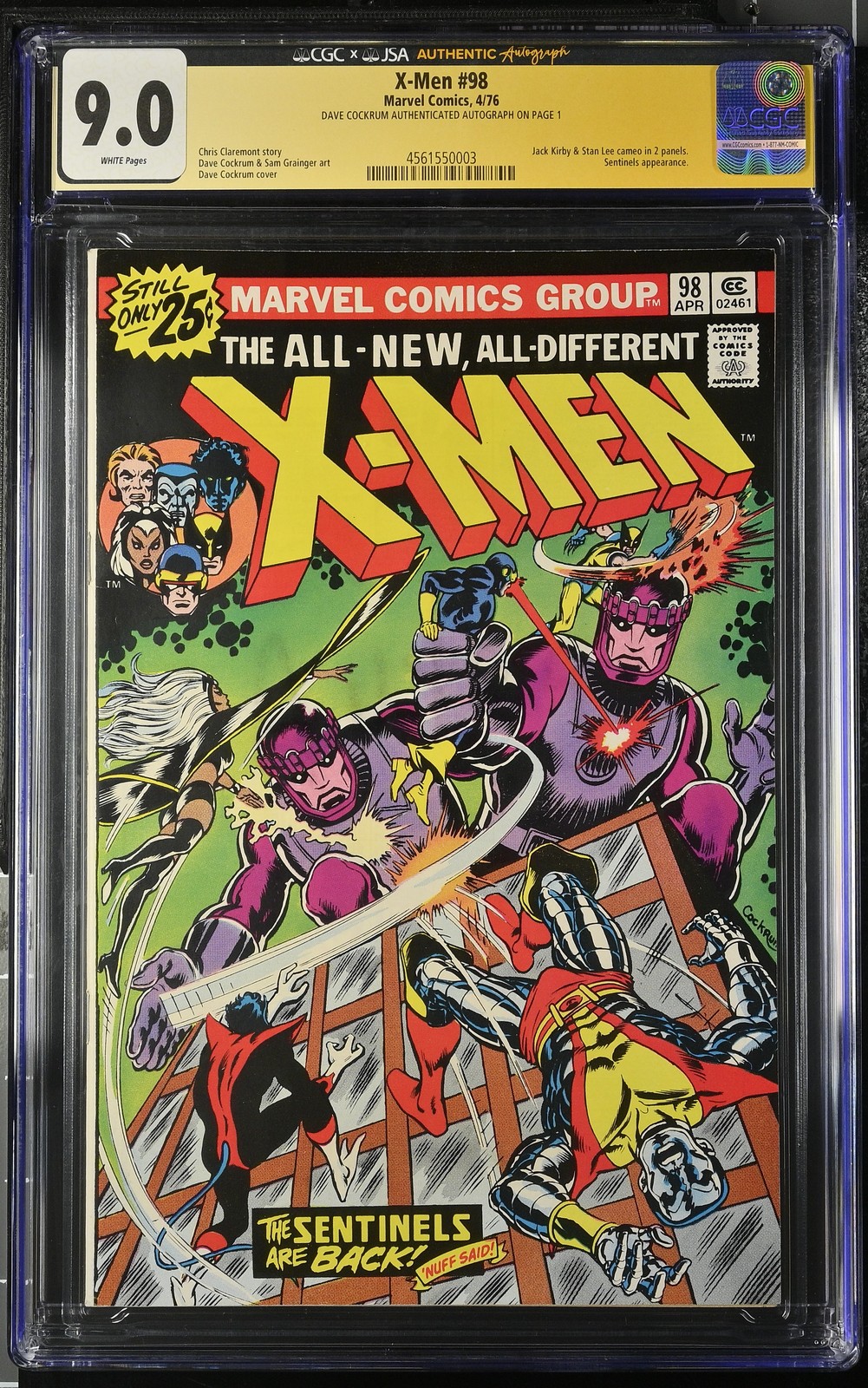 X-Men #98 - Marvel 1976 CGC 9.0 JSA Signed Cockrum, Jack Kirby + Stan Lee cameo