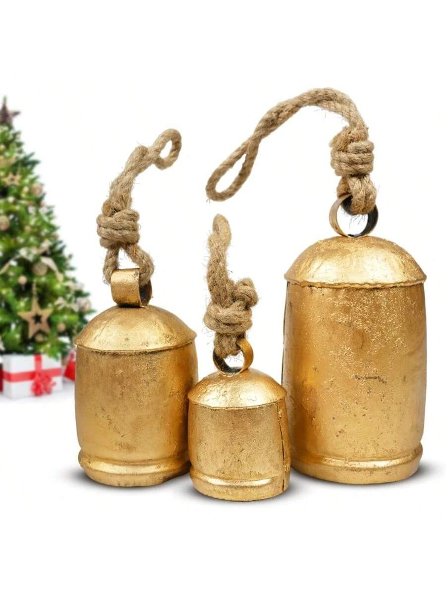 Set Of 3 Large Rustic Gold Christmas Bells Door Hanging Stairs