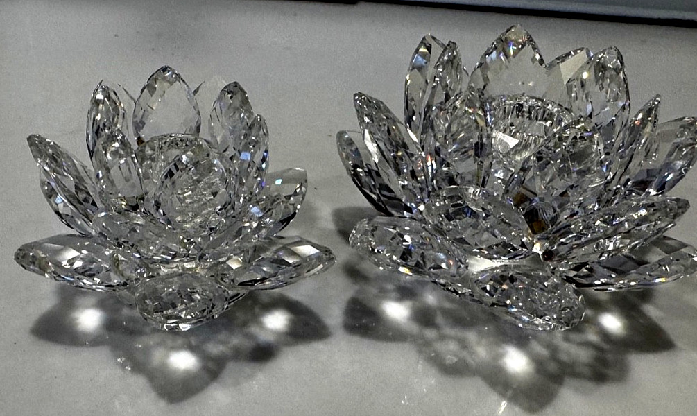 2 Brilliant Swarovski Crystal Water Lily Candle Stick Holders Figurines Ret 1985
