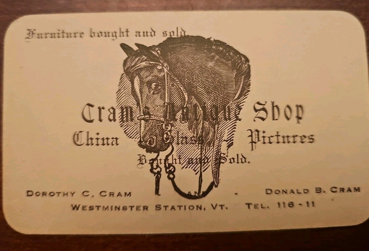 Vintage - Cram's Antique Shop Westminster Station Vermont Business Card Vintage - Cram's Antique Shop Westminster Station Vermont Business Card
