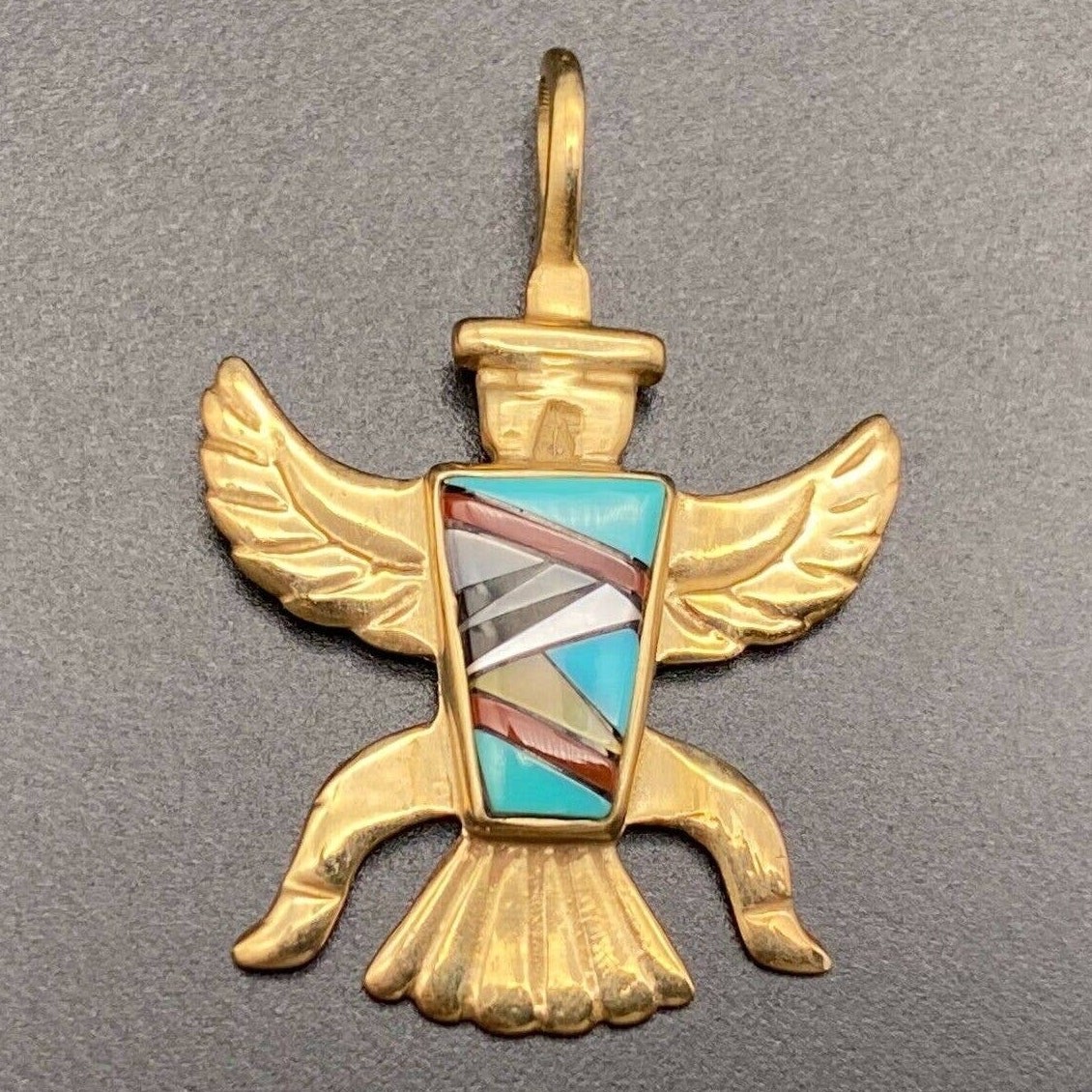 Vintage Native 14K Gold Kachina Turquoise Coral MOP Pendant