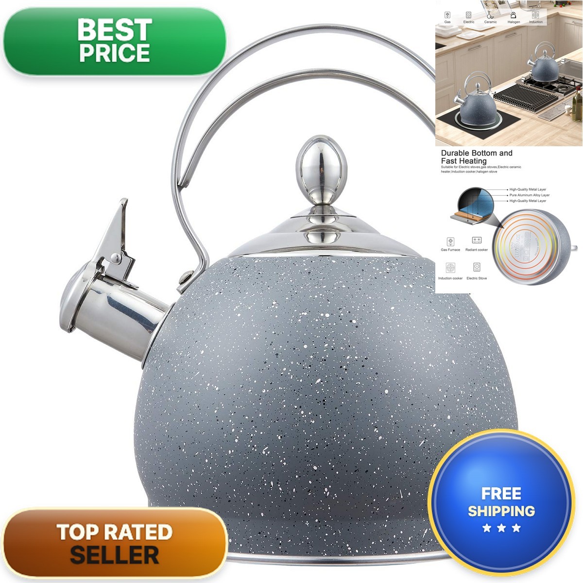 Creative Home 2.5 Qt Stainless Steel Whistling Tea Kettle, Opaque Gray