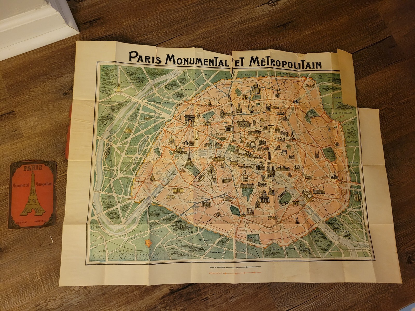 RARE ca 1918 WWI Guide Fold-Out Illustrated MAP PARIS Monuments & Metropolitan