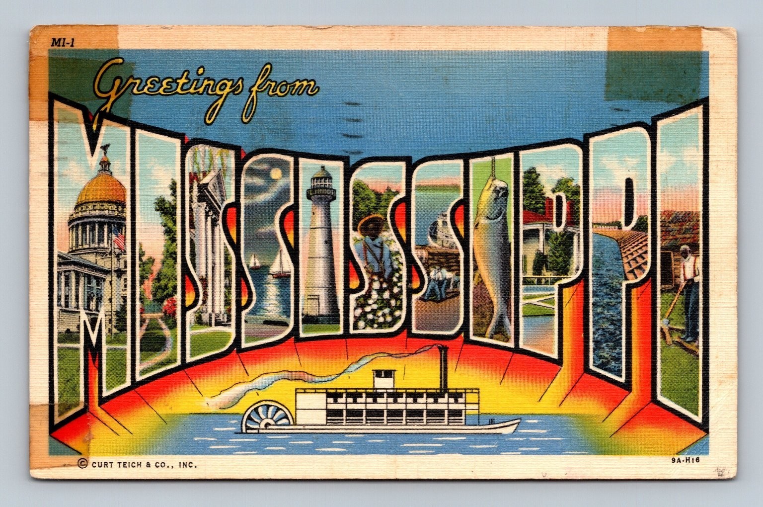 Vintage 1942 Greetings from Mississippi Large Letter Linen Postcard Curt Teich