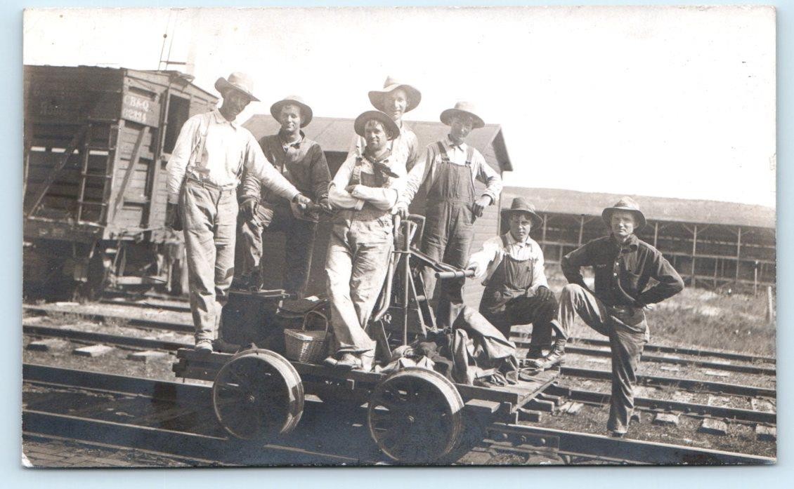RPPC ILLINOIS? ~ Track Workers C.B. & Q RAILROAD? Hand Cart 1910s Jeans Postcard