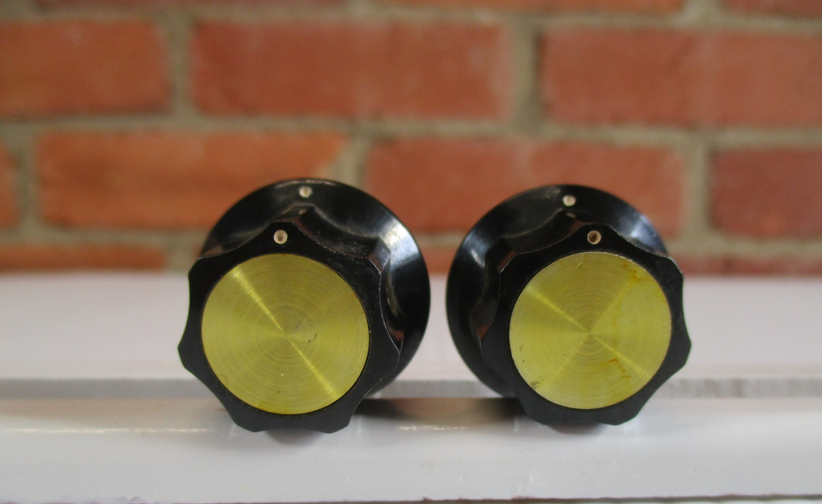 Pair Black Knobs Gold Insert for Guitar or Amp Skirted Knob